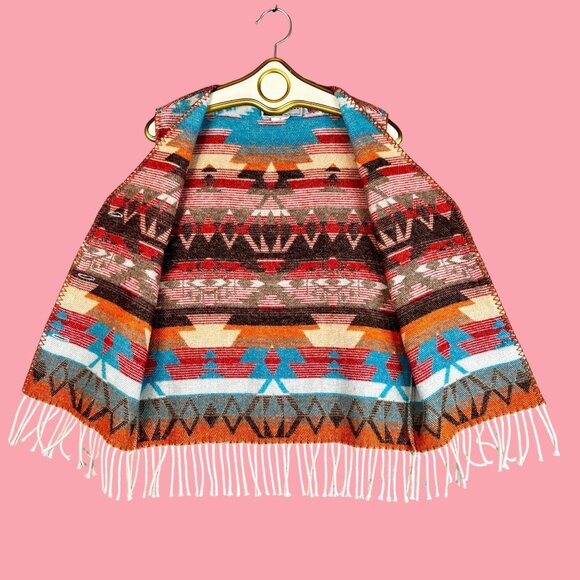 Womens Fall Soft Wool Blend Blanket Vest Fringe Western Aztec Pattern Outerwear - Picture 5 of 10
